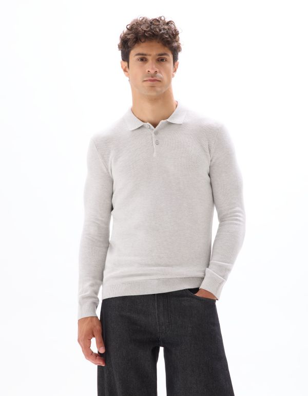 Pull col polo slim 100% coton - gris chiné