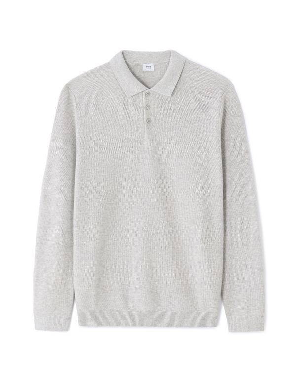 Pull col polo slim 100% coton - gris chiné