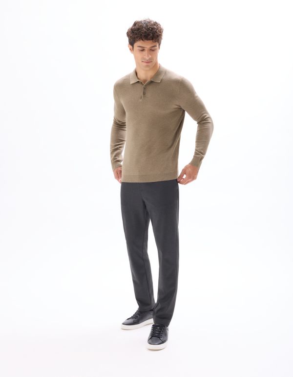 Pull col polo slim 100% coton - beige foncé