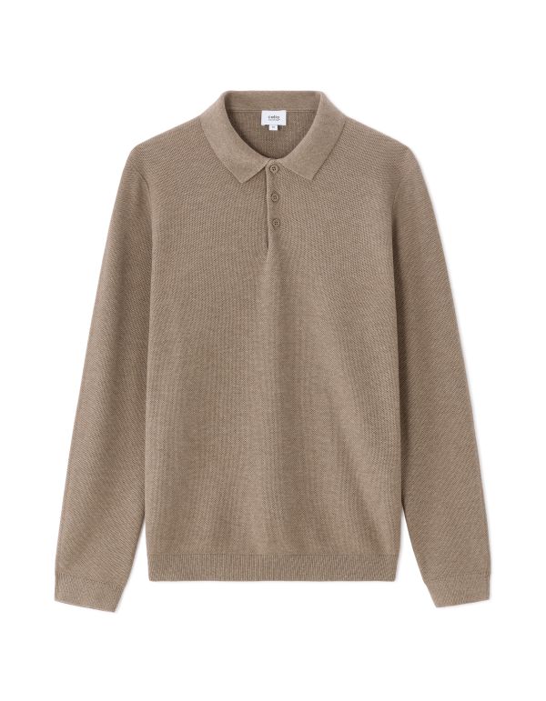 Pull col polo slim 100% coton - beige foncé