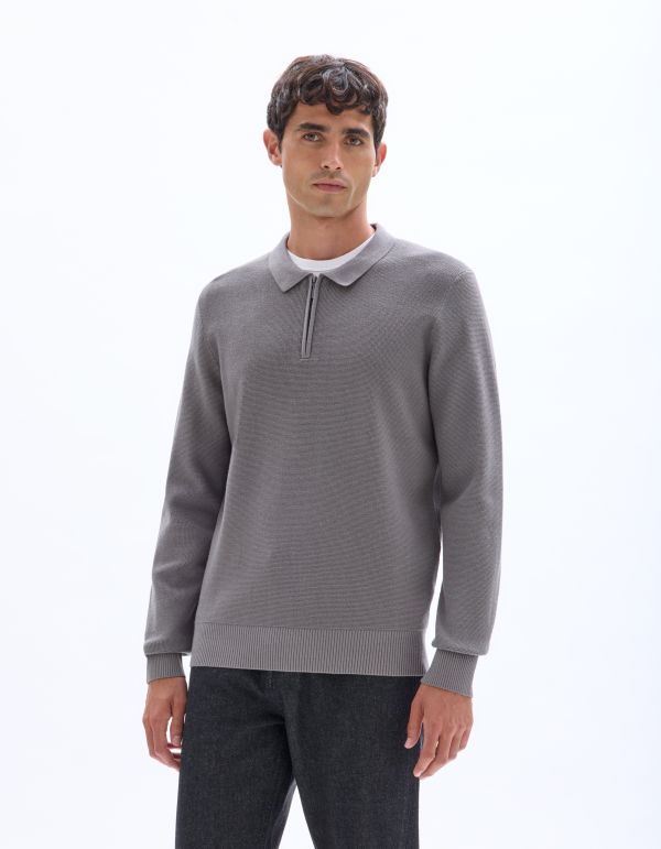 Pull col polo zippé gaufré - gris