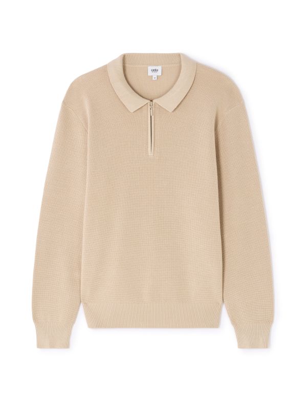 Pull col polo zippé gaufré - beige