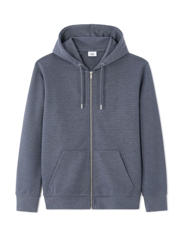 Sweat zippé à capuche regular en piqué - bleu gris