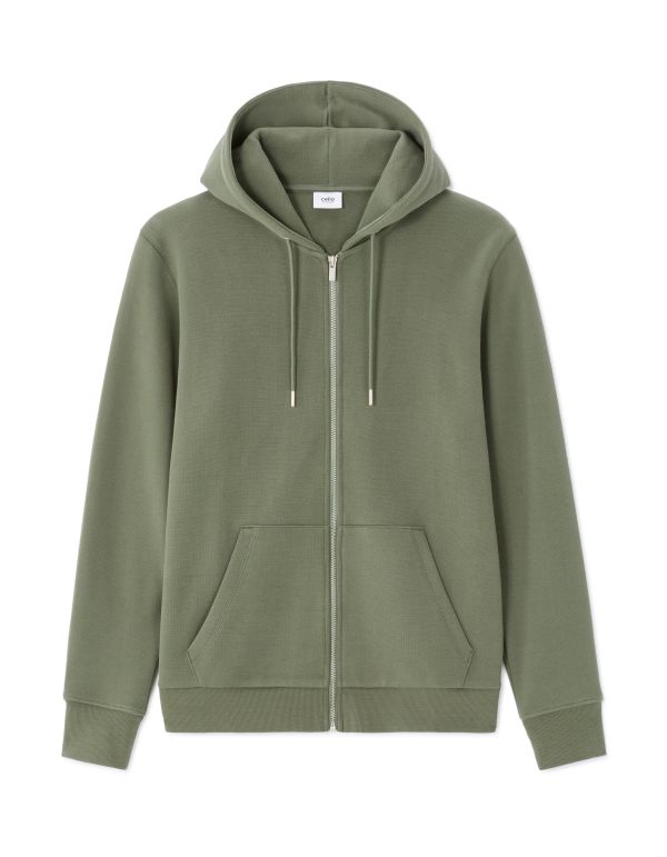 Sweat zippé à capuche regular en piqué - vert