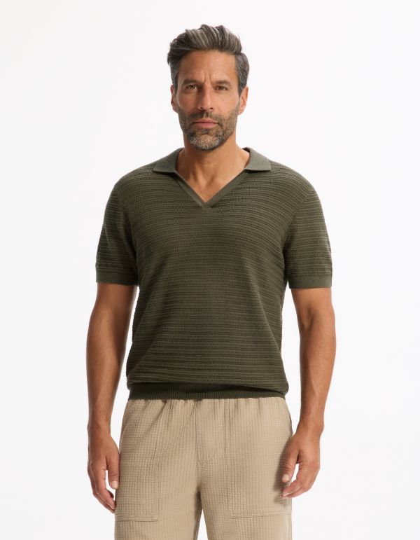 Polo slim en maille texturée coton mélangé - kaki