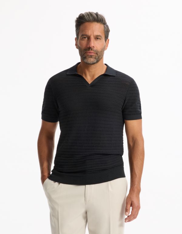 Polo slim en maille texturée coton mélangé - noir
