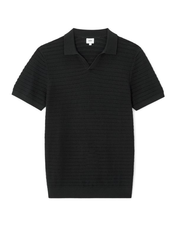 Polo slim en maille texturée coton mélangé - noir