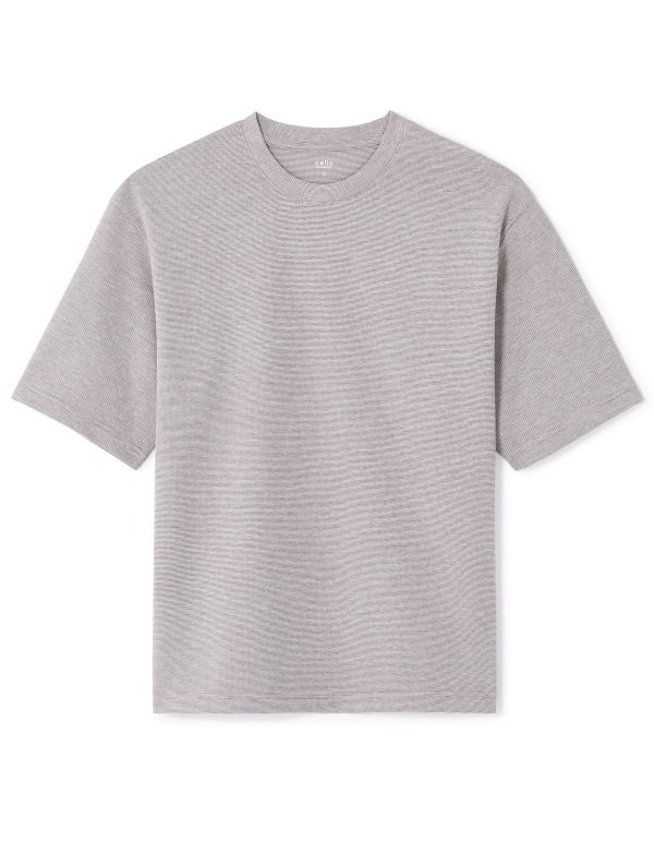 T-shirt infroissable oversize col rond rayé - taupe