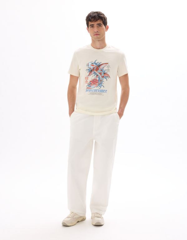 T-shirt regular col rond 100% coton imprimé asie - écru