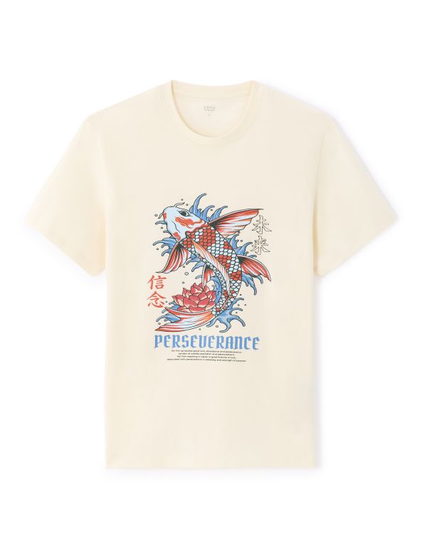 T-shirt regular col rond 100% coton imprimé asie - écru
