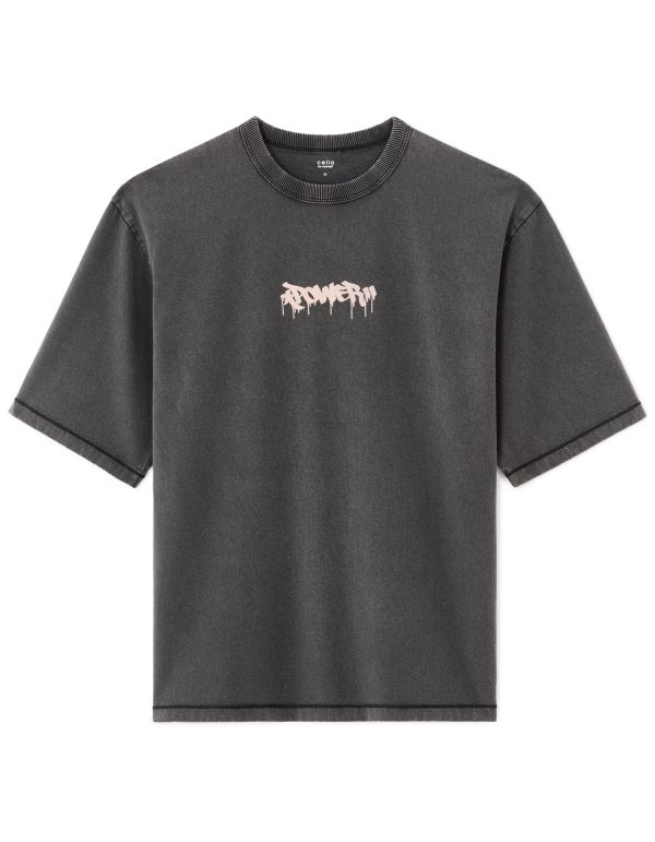 T-shirt oversize col rond 100% coton imprimé - noir