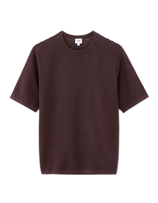 T-shirt boxy col rond en maille ajourée - berry