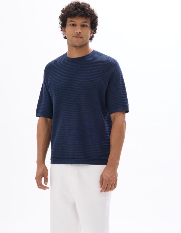 T-shirt boxy col rond en maille ajourée - marine
