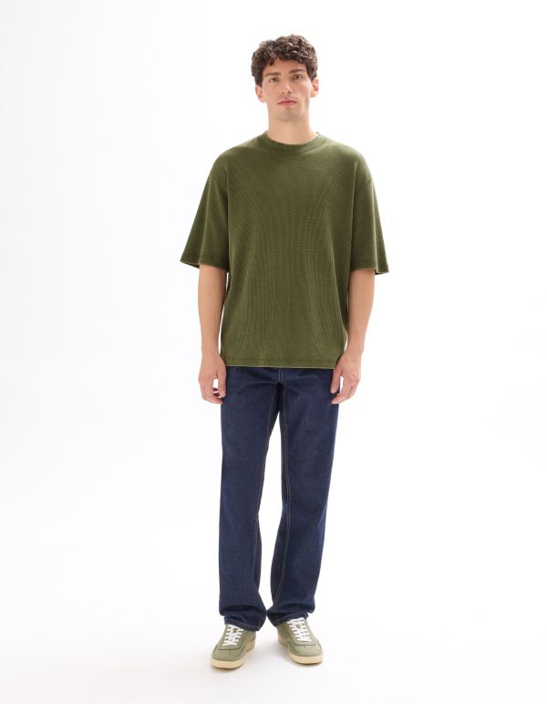T-shirt oversize col rond 100% coton gaufré - kaki