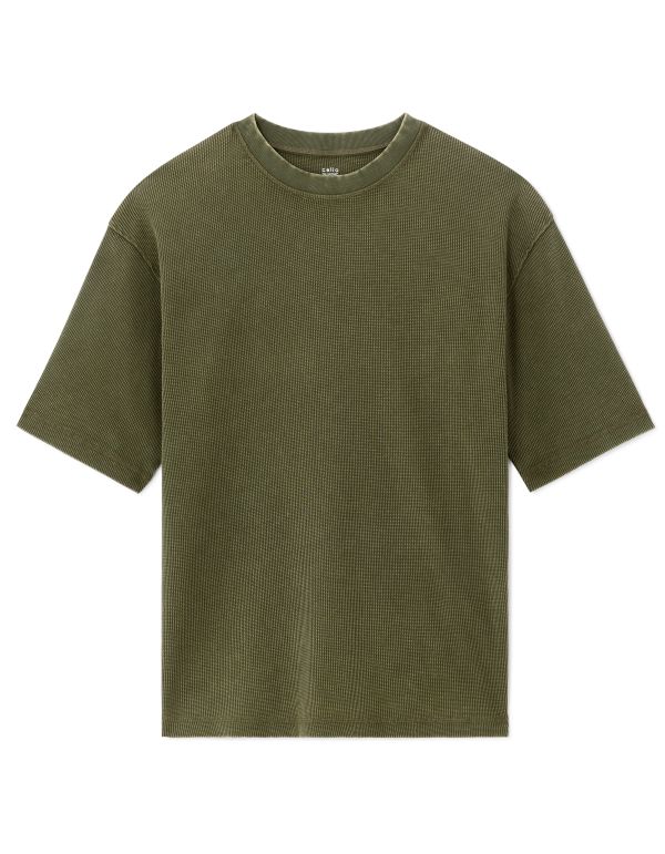 T-shirt oversize col rond 100% coton gaufré - kaki