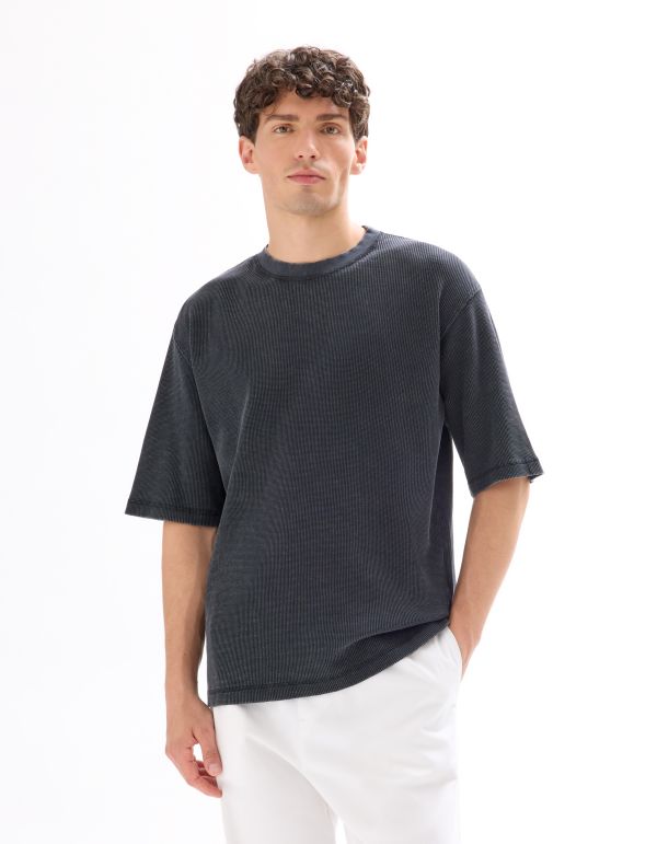T-shirt oversize col rond 100% coton gaufré - noir