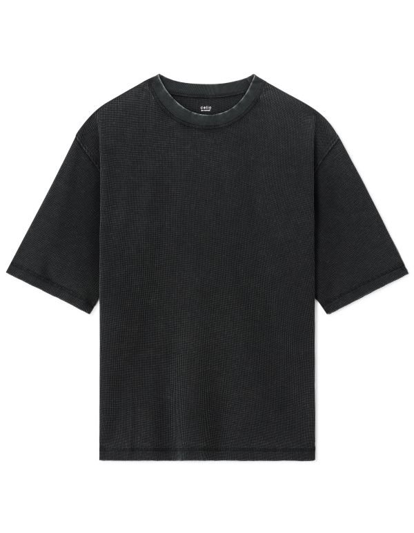 T-shirt oversize col rond 100% coton gaufré - noir