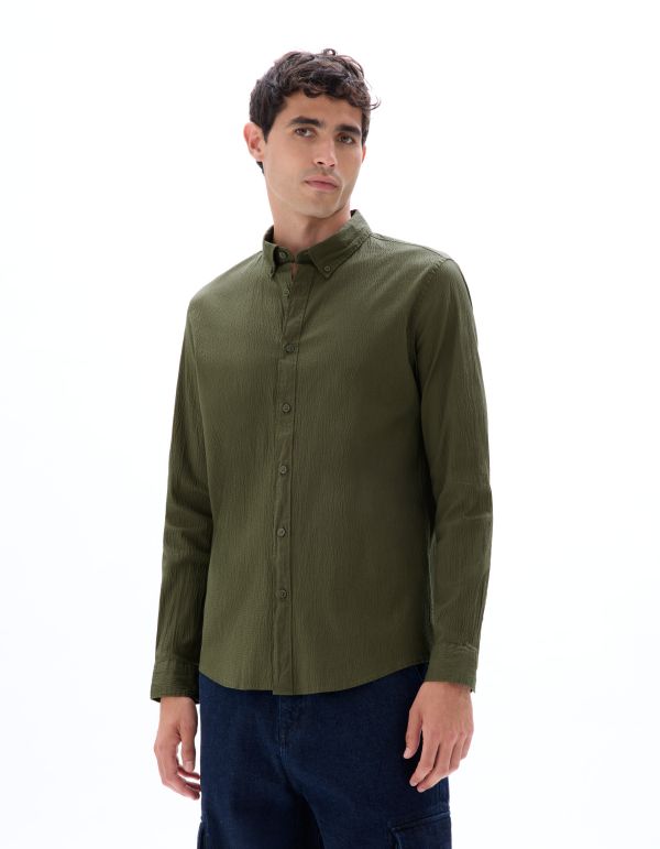 Chemise regular en seersucker - kaki