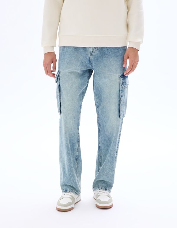 Jean cargo 100% coton - bleu délavé