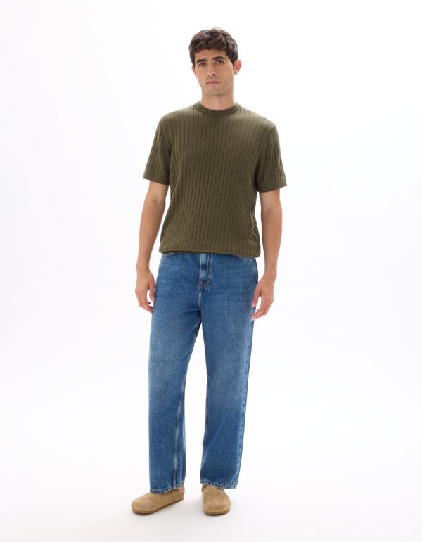 T-shirt regular col rond en maille - kaki