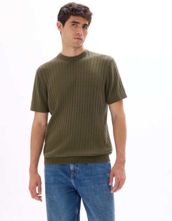 T-shirt regular col rond en maille - kaki