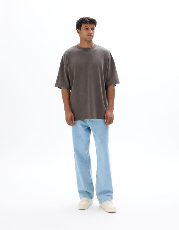 T-shirt oversize col rond 100% coton délavé et reliéfé - carbone