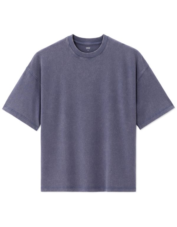 T-shirt oversize col rond 100% coton délavé et reliéfé - bleu gris