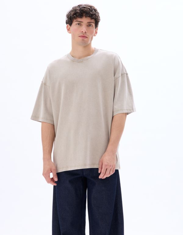 T-shirt oversize col rond 100% coton délavé et reliéfé - cajou