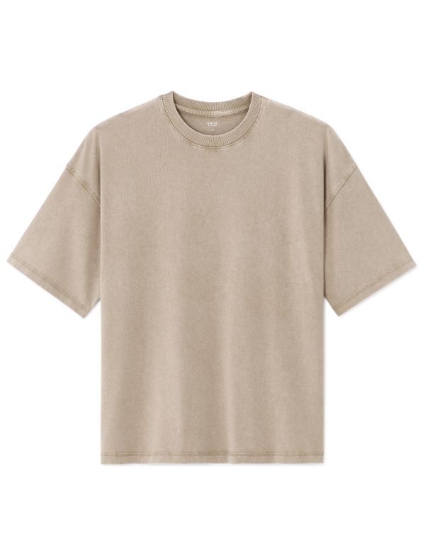 T-shirt oversize col rond 100% coton délavé et reliéfé - cajou