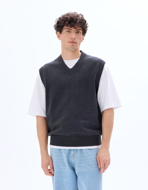 Pull sans manches col V 100 % coton - anthracite
