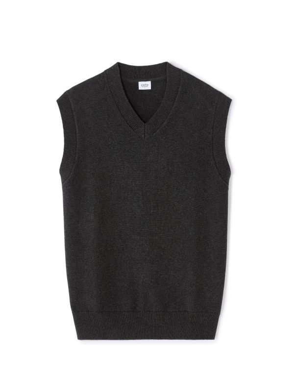 Pull sans manches col V 100 % coton - anthracite