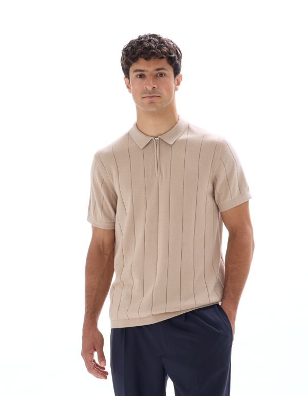 Polo regular en maille col zippé - beige