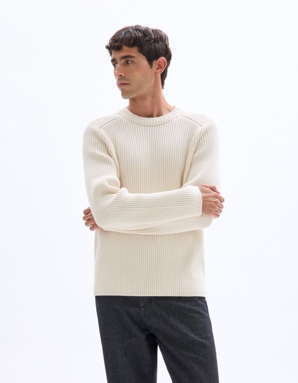 Pull col rond en maille côtelée - écru