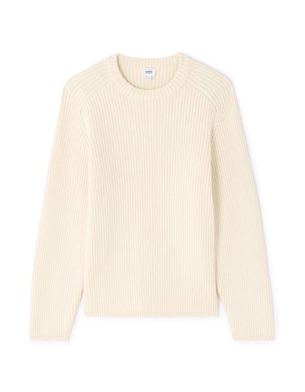 Pull col rond en maille côtelée - écru