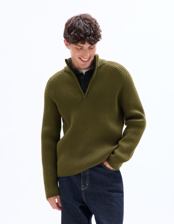 Pull col camionneur en maille côtelée - kaki