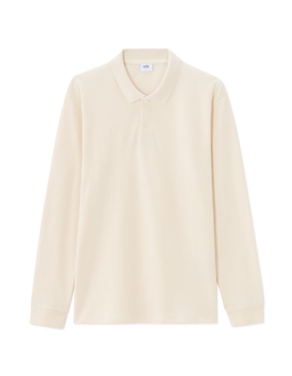 Polo regular piqué 100% coton manches longues - écru