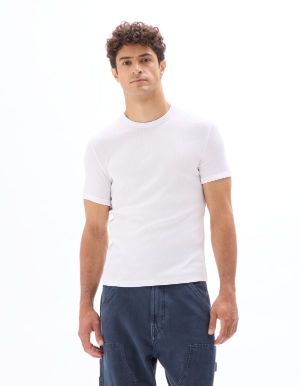 T-shirt slim col rond coton stretch côtelé - blanc