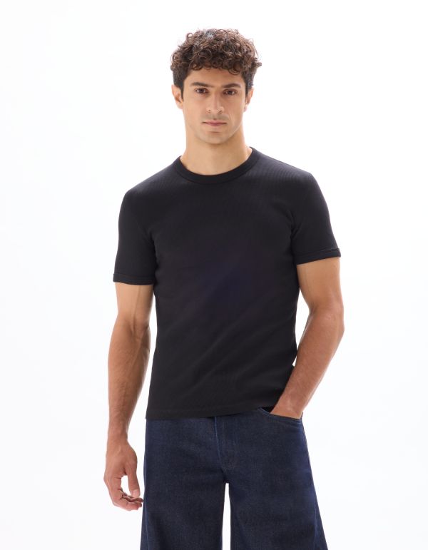 T-shirt slim col rond coton stretch côtelé - noir