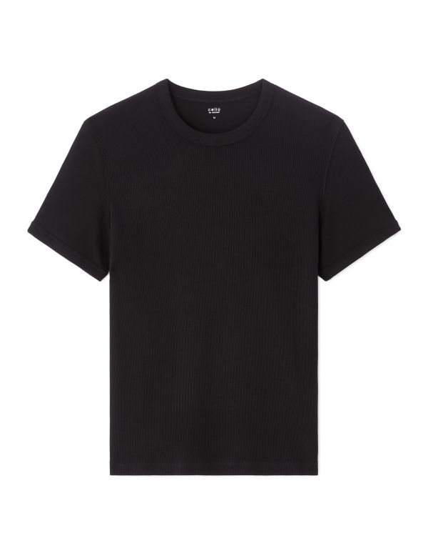 T-shirt slim col rond coton stretch côtelé - noir