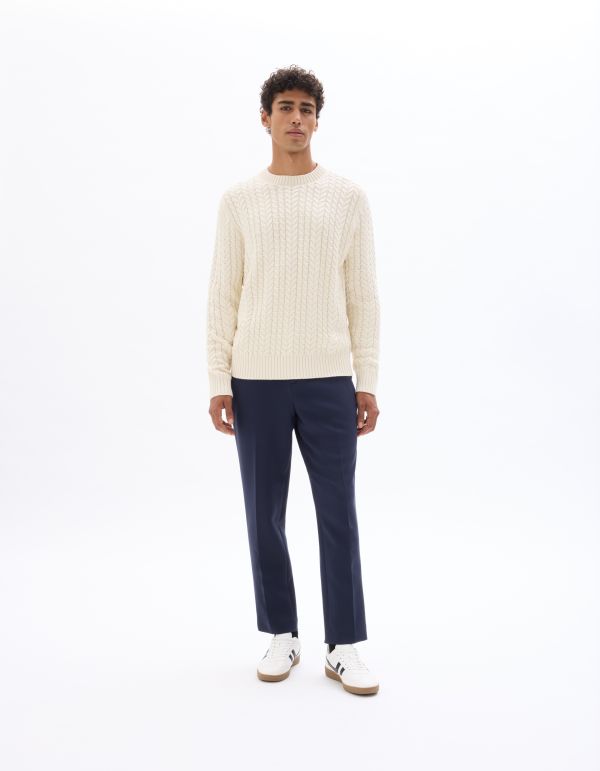 Pull torsadé col rond en coton mélangé - écru