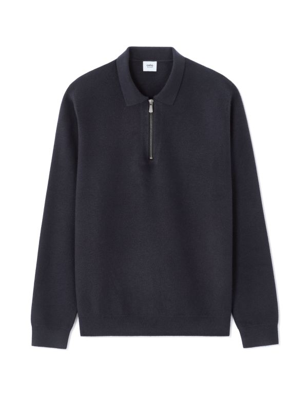 Pull regular col polo zippé - marine