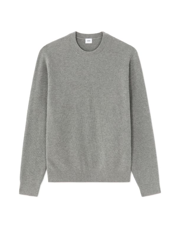 Pull col rond côtelé - gris chiné