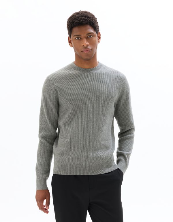 Pull col rond côtelé - gris chiné