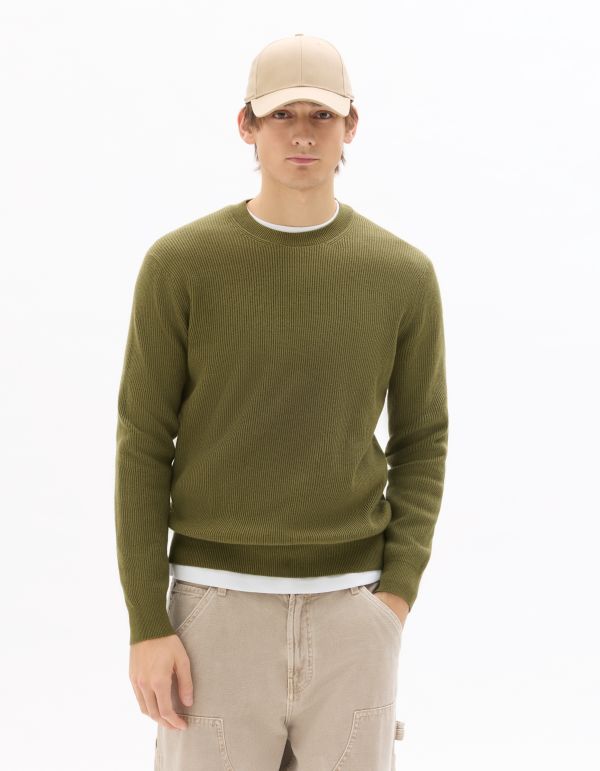 Pull col rond côtelé - vert olive