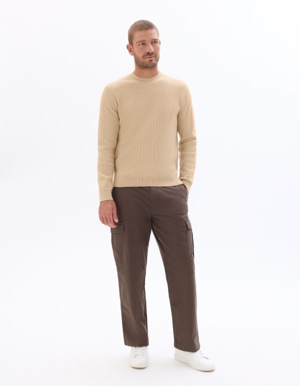 Pull col rond côtelé - beige