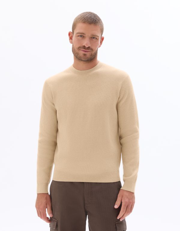 Pull col rond côtelé - beige