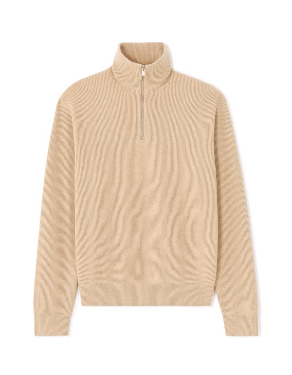 Pull relax col montant zippé côtelé - beige clair