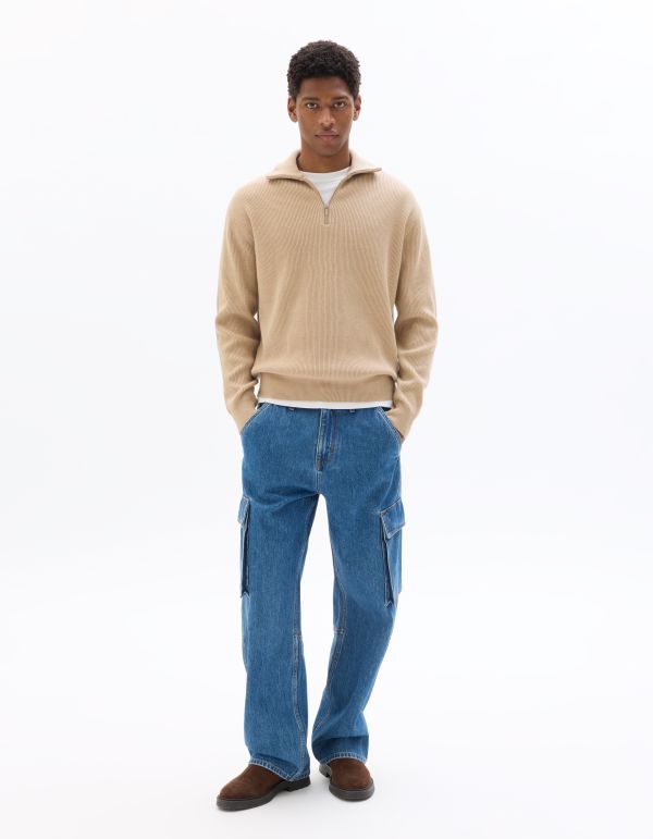 Pull relax col montant zippé côtelé - beige clair