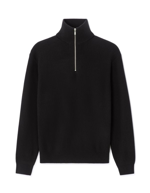Pull col montant zippé côtelé - noir