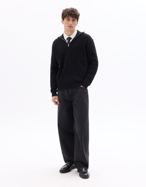 Pull col montant zippé côtelé - noir